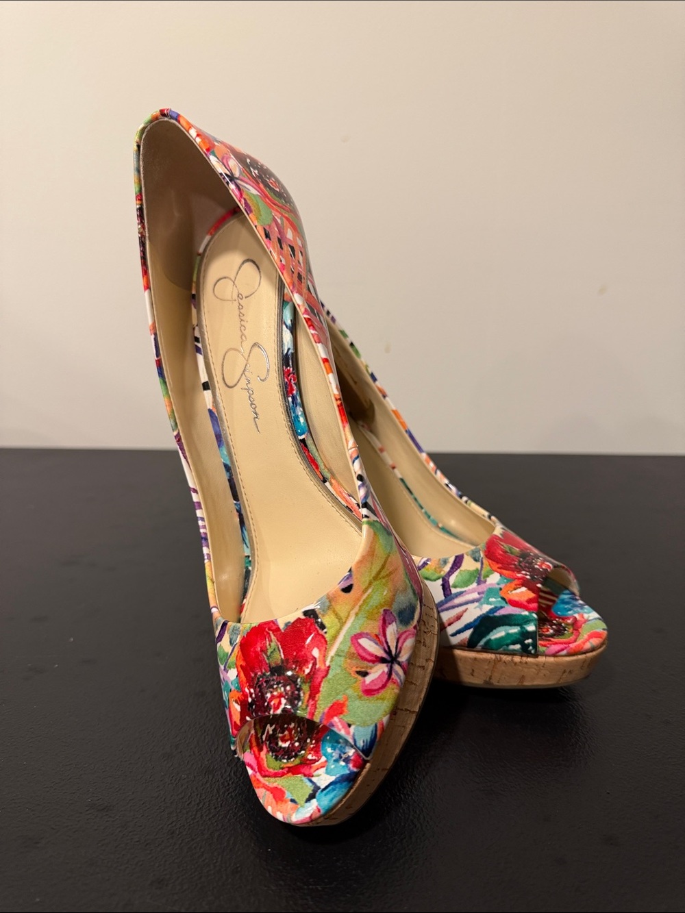 Jessica Simpson Multicolor Floral Peep-Toe Cork-Platform Wedges